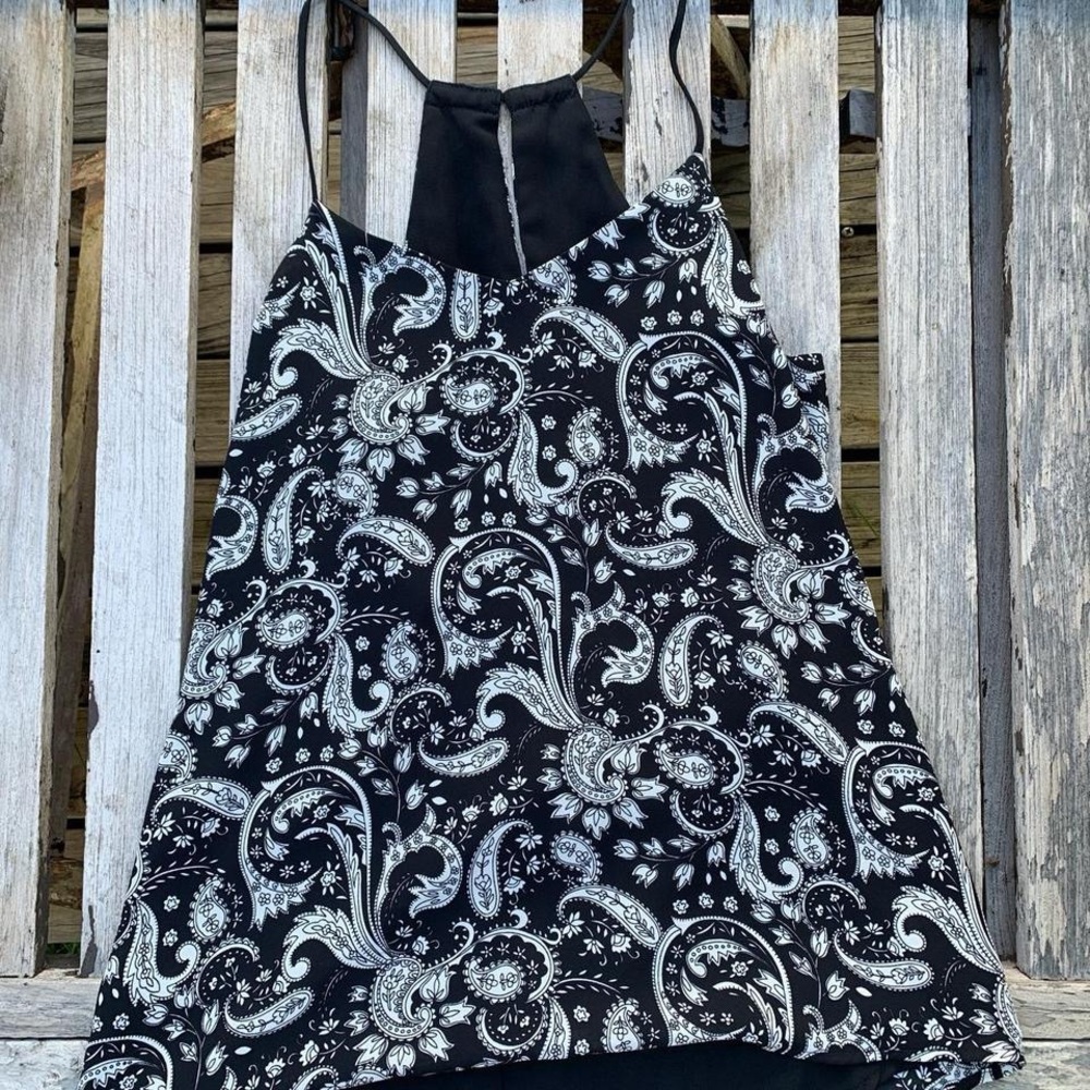 Black Patterned Satin Tank Top